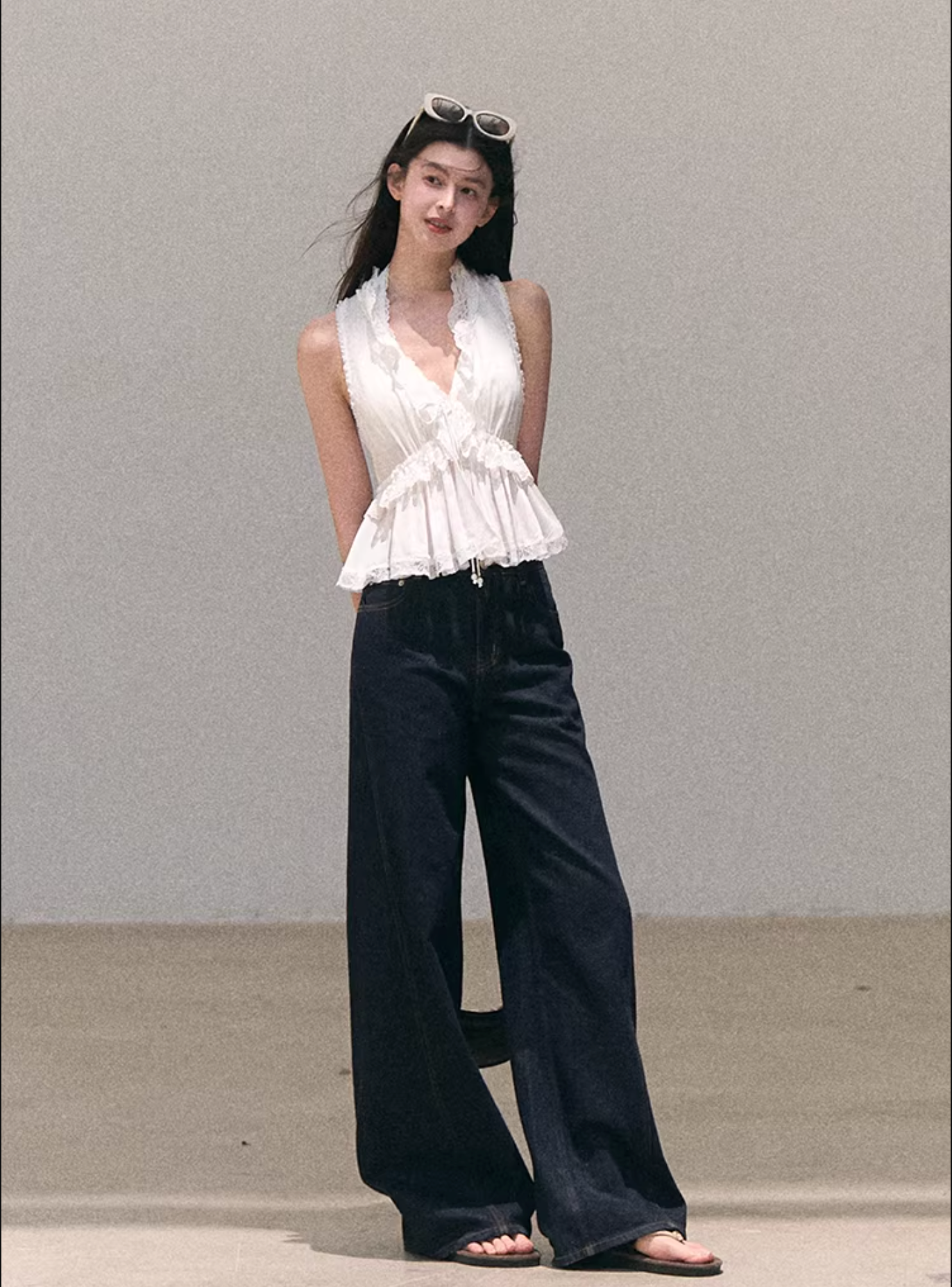 OAKMOO Turtleneck tank top in thick lace lyocell linen.