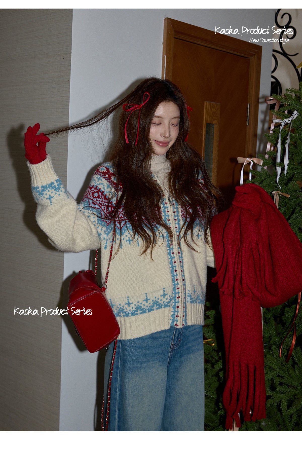 KAOKA Chaochao Fair Isle Beige Christmas Hooded Sweater Women's Long Sleeve Thick Sweater