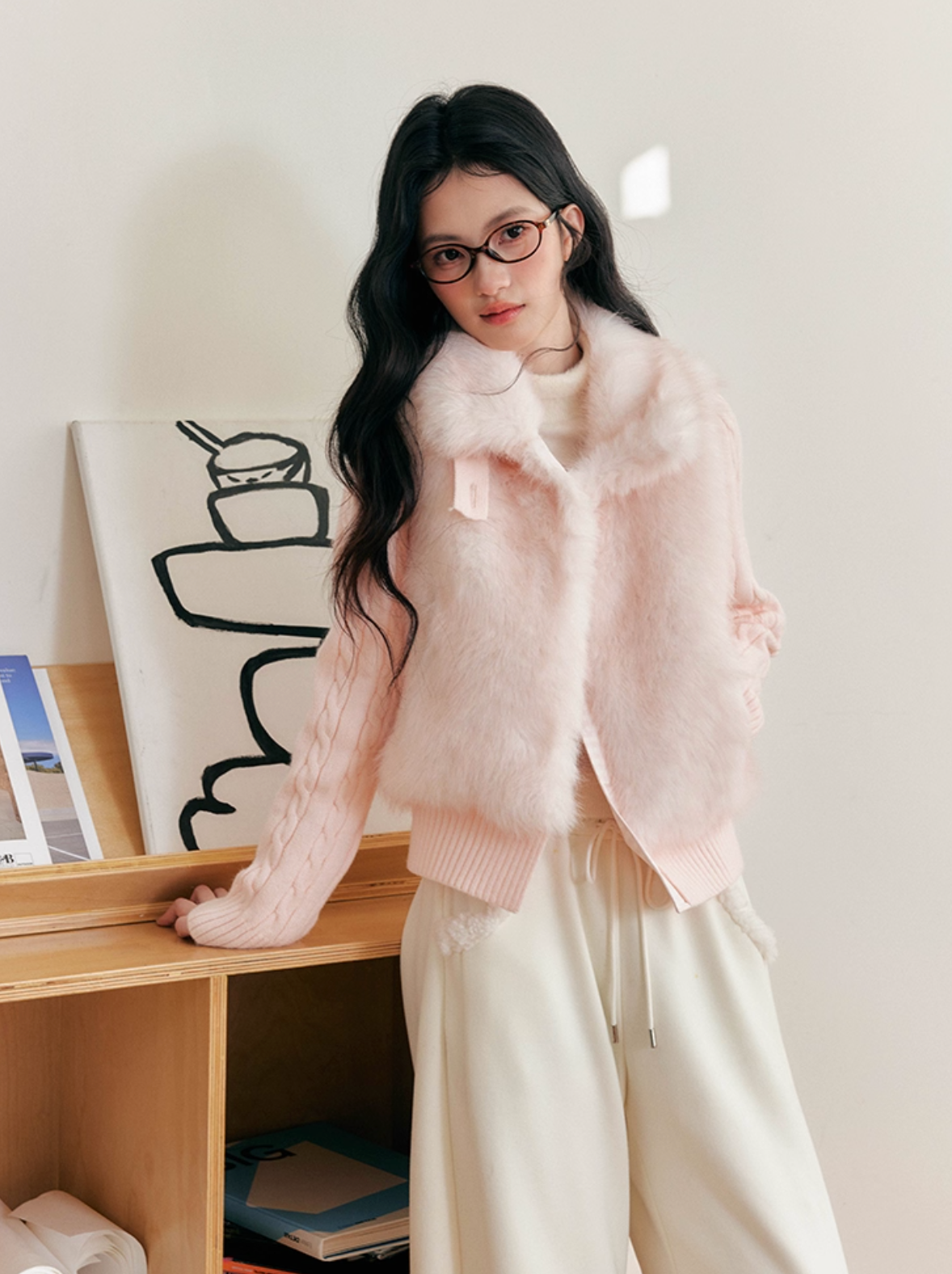 UMOUMO Korean style umoumo patchwork knitted faux mink cotton short coat slimming original design
