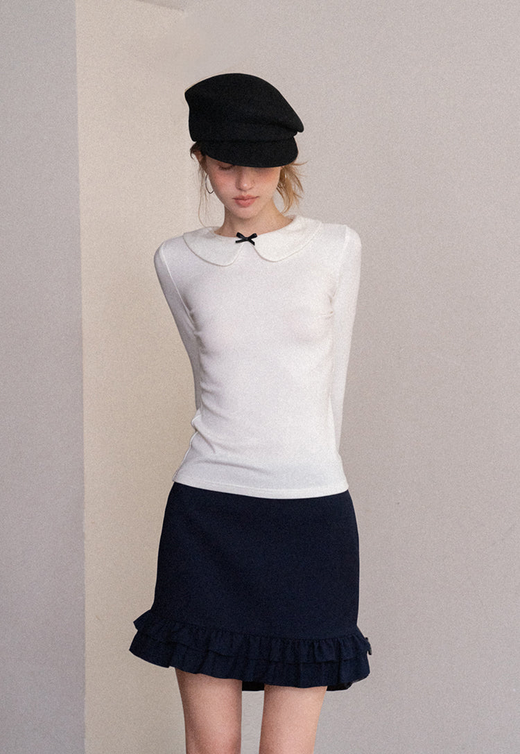 Women's white long-sleeved t-shirt with doll bow collar, autumn and winter, slim fit EGGKA