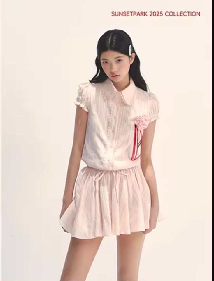 SUNSETPARK Student-style navy blue short-sleeved shirt dress