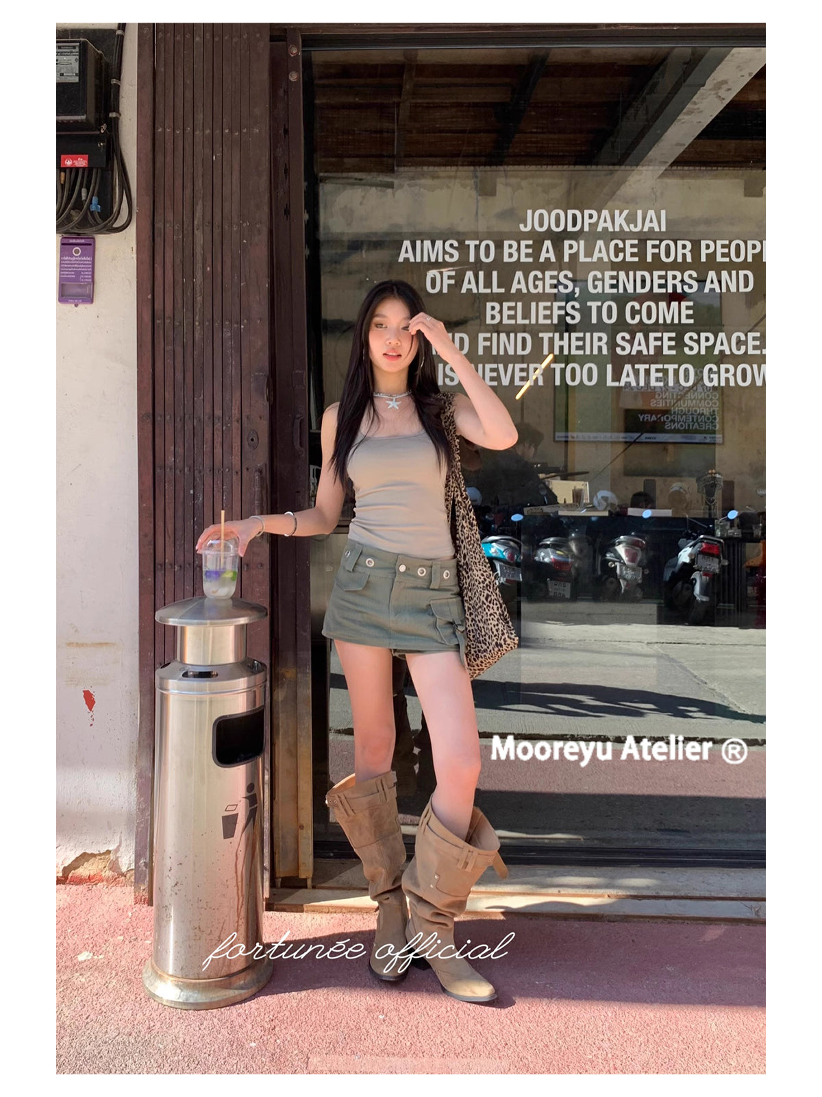 MOOREYU Women's knee high boots autumn winter 2025 women's khaki suede pointed toe boots thick heel thin pleated boots