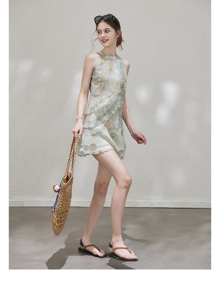 "Monet's ink painting" Callmelater sleeveless tencel halter neck dress with lace trim for the holiday season