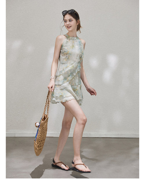 "Monet's ink painting" Callmelater sleeveless tencel halter neck dress with lace trim for the holiday season