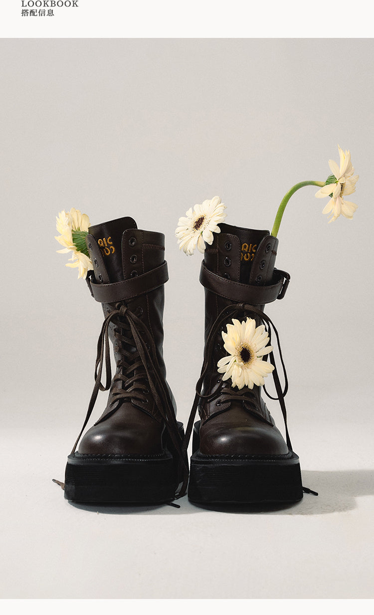 Brown cowhide high top boots with back buckle 6cm high