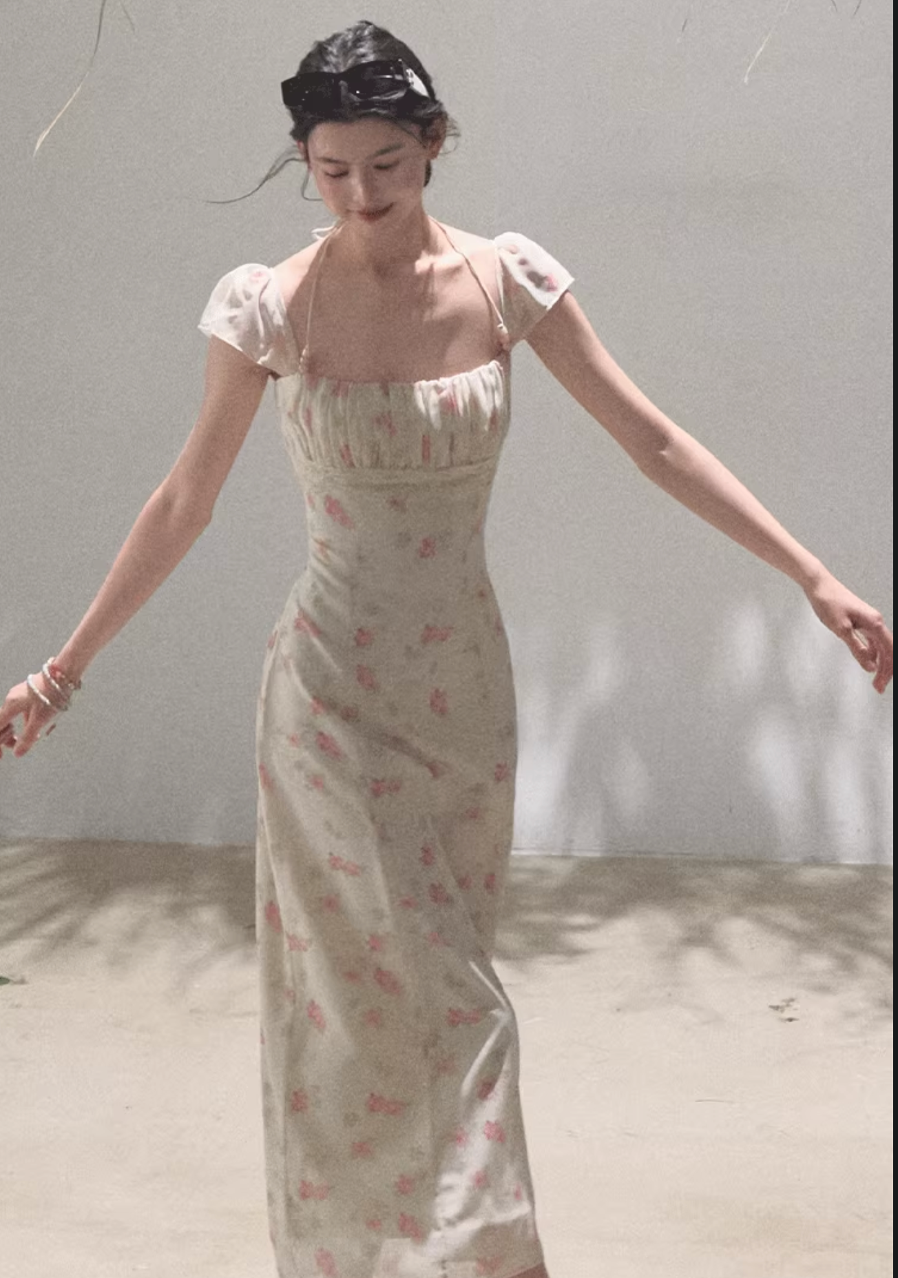 OAKMOO beaded halter-neck dress, fitted waist, unique floral print "My Own Moon"