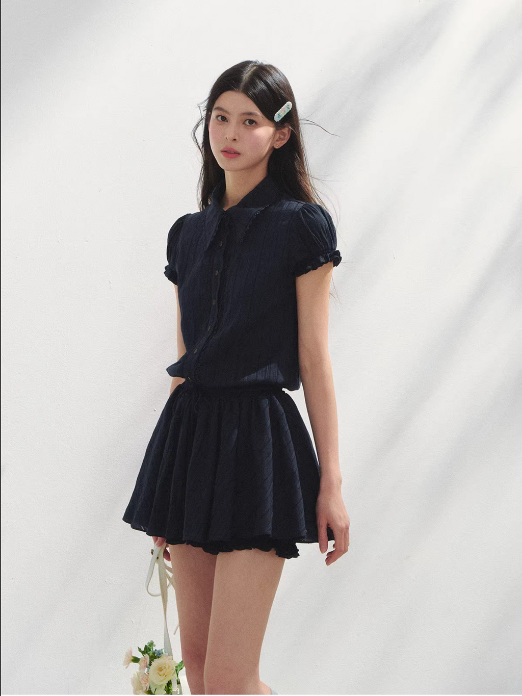 SUNSETPARK Student-style navy blue short-sleeved shirt dress