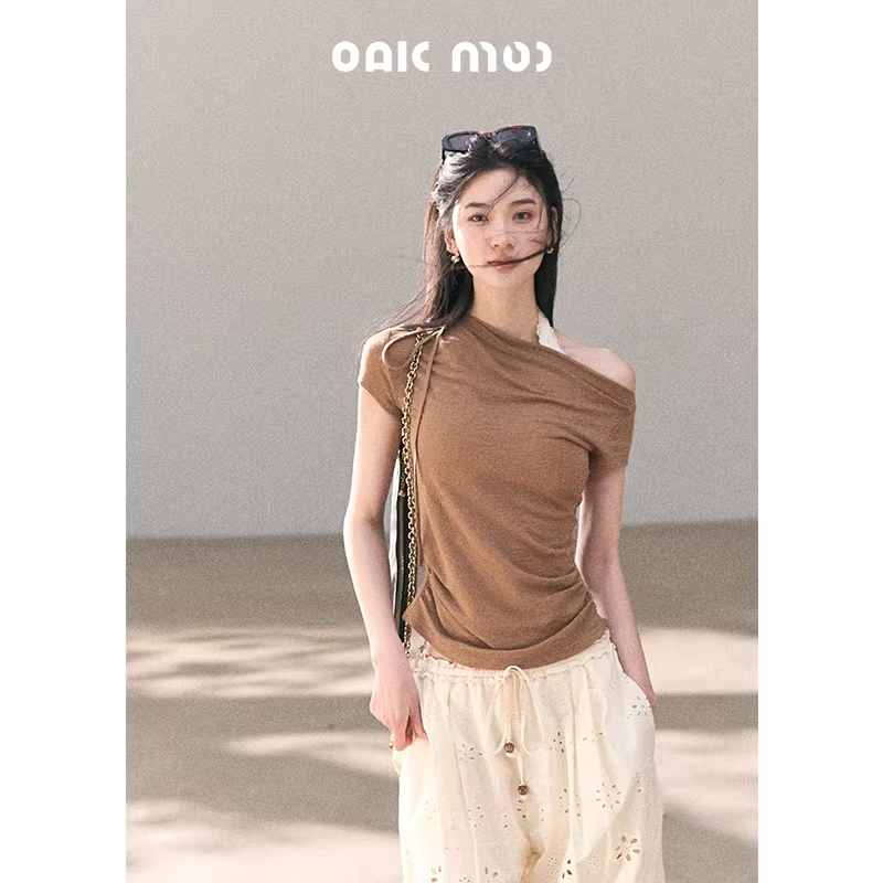 OAKMOO Women's Lyocell Wool Off-the-Shoulder Knit T-Shirt