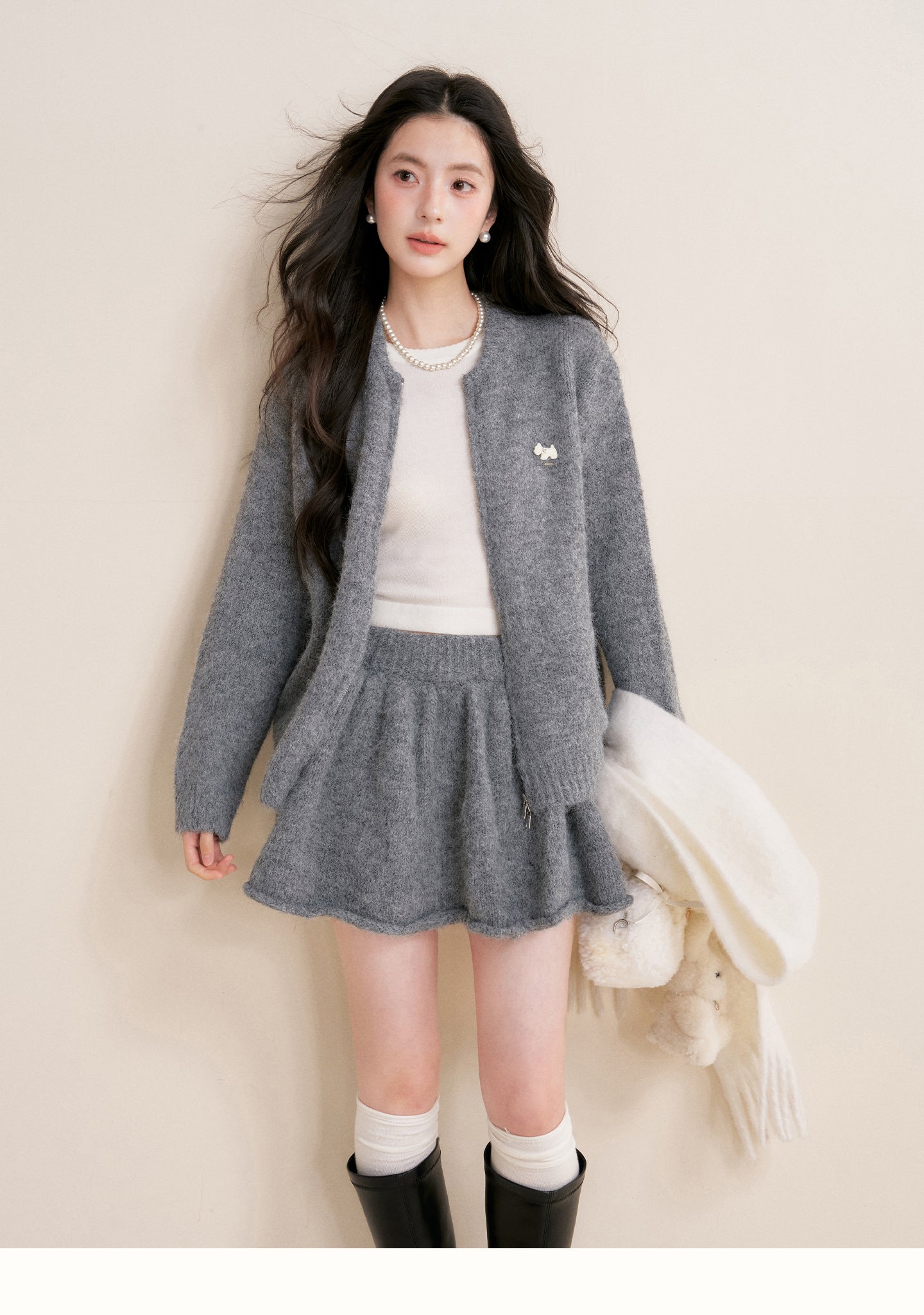 KROCHE Winter Warm A-line Cardigan Sweater Set Gray Double Zipper for Puppy 25aw