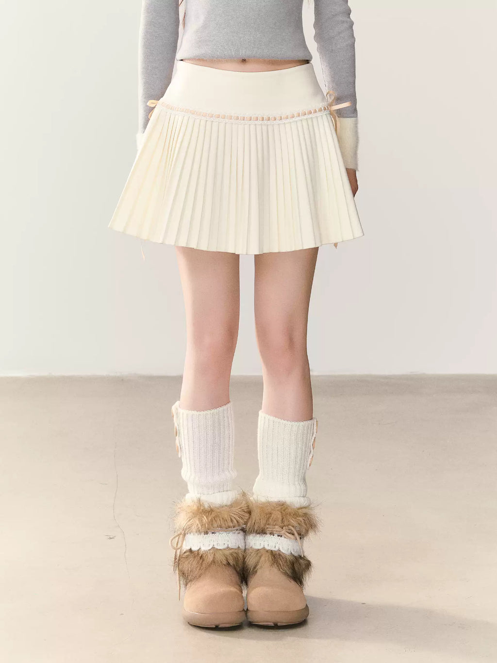 UMOUMO ハイウエストのマッシュルームプリーツミディスカート、レースとリボンのトリム、体型を美しく見せるAラインプリーツスカート