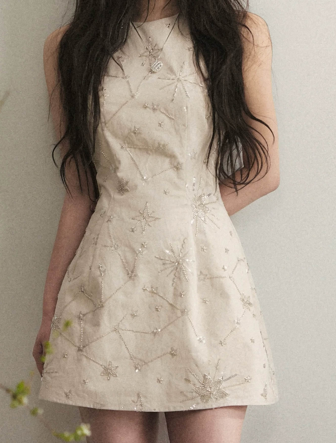 1P STUDIO Apricot halter neck dress with elaborate beaded embroidery for women, slim summer fit, sleeveless short dress that flatters the figure.