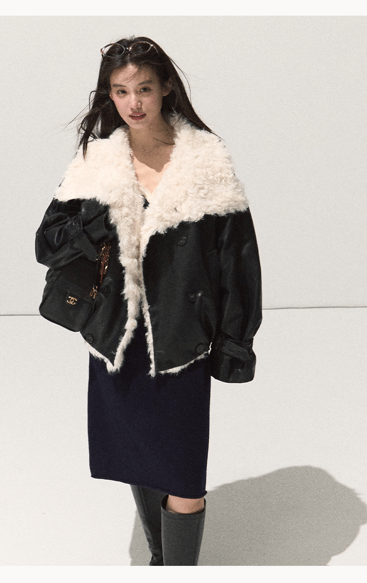 OAKMOO "One Night Osmanthus Tree" Women's Soft Fleece Short Leather Jacket Thick Lapel Winter