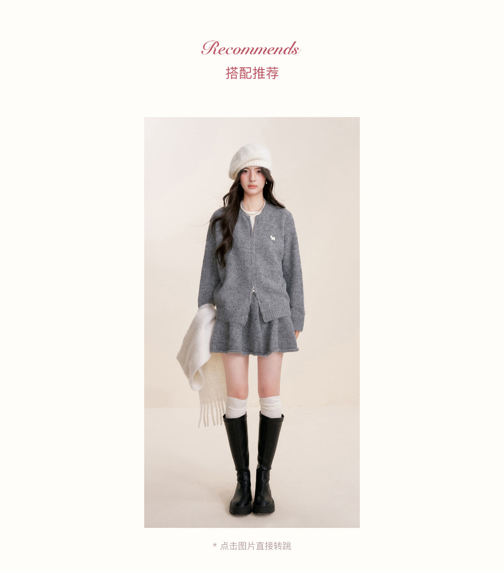 KROCHE Winter Warm A-line Cardigan Sweater Set Gray Double Zipper for Puppy 25aw