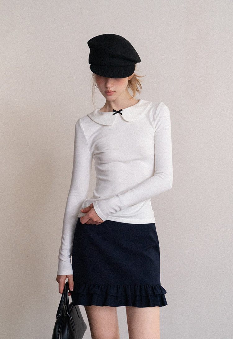 Women's white long-sleeved t-shirt with doll bow collar, autumn and winter, slim fit EGGKA