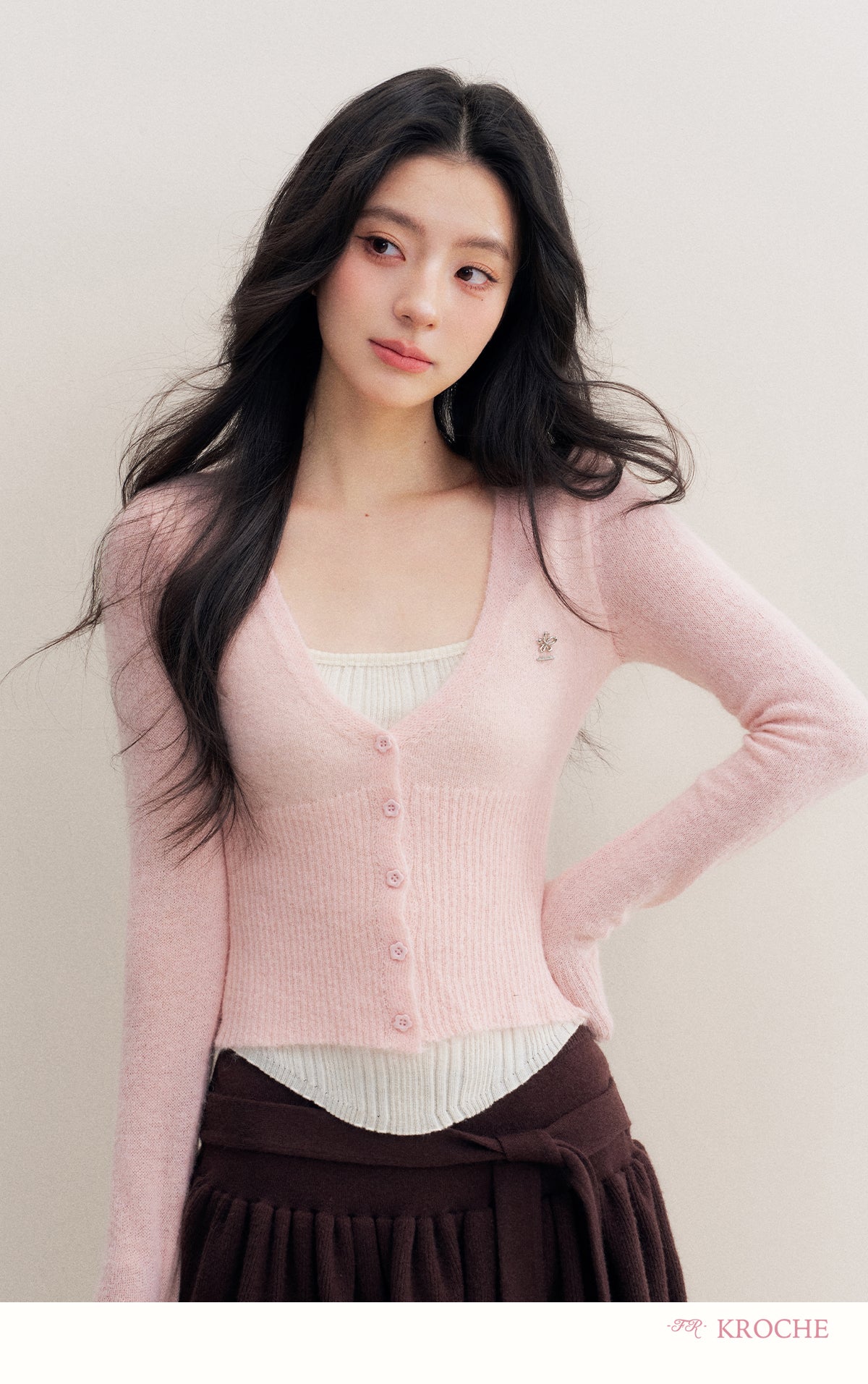 Kroche Romantic French Wool Blend V-Neck Two-Piece Knit Cardigan Contrast Color 25AW