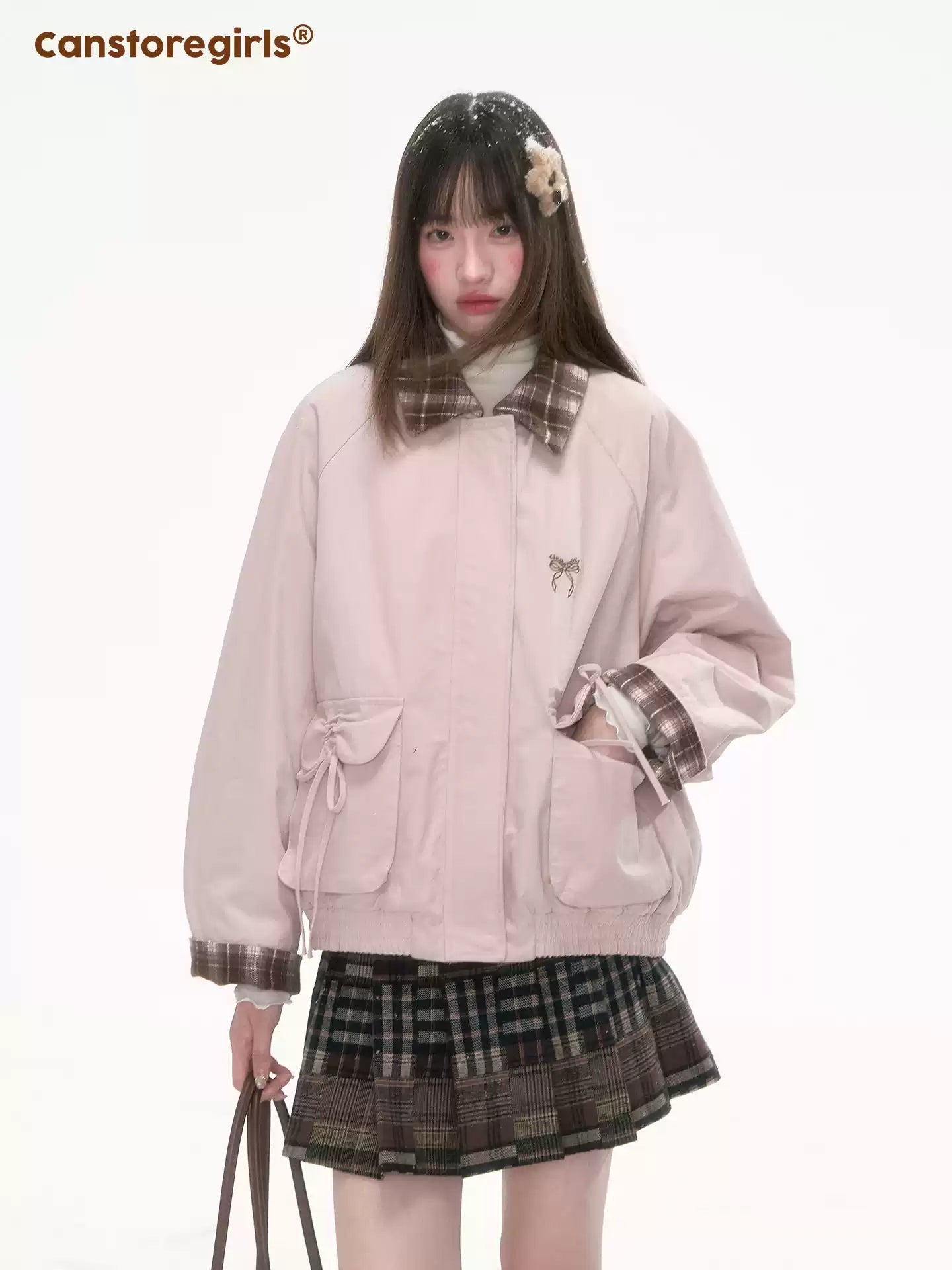 CANSTOREGIRLS New Winter Jacket Cotton Short Sleeve Cans Store 'Pink Mist Sniper' Retro Girlish Contrast Collar