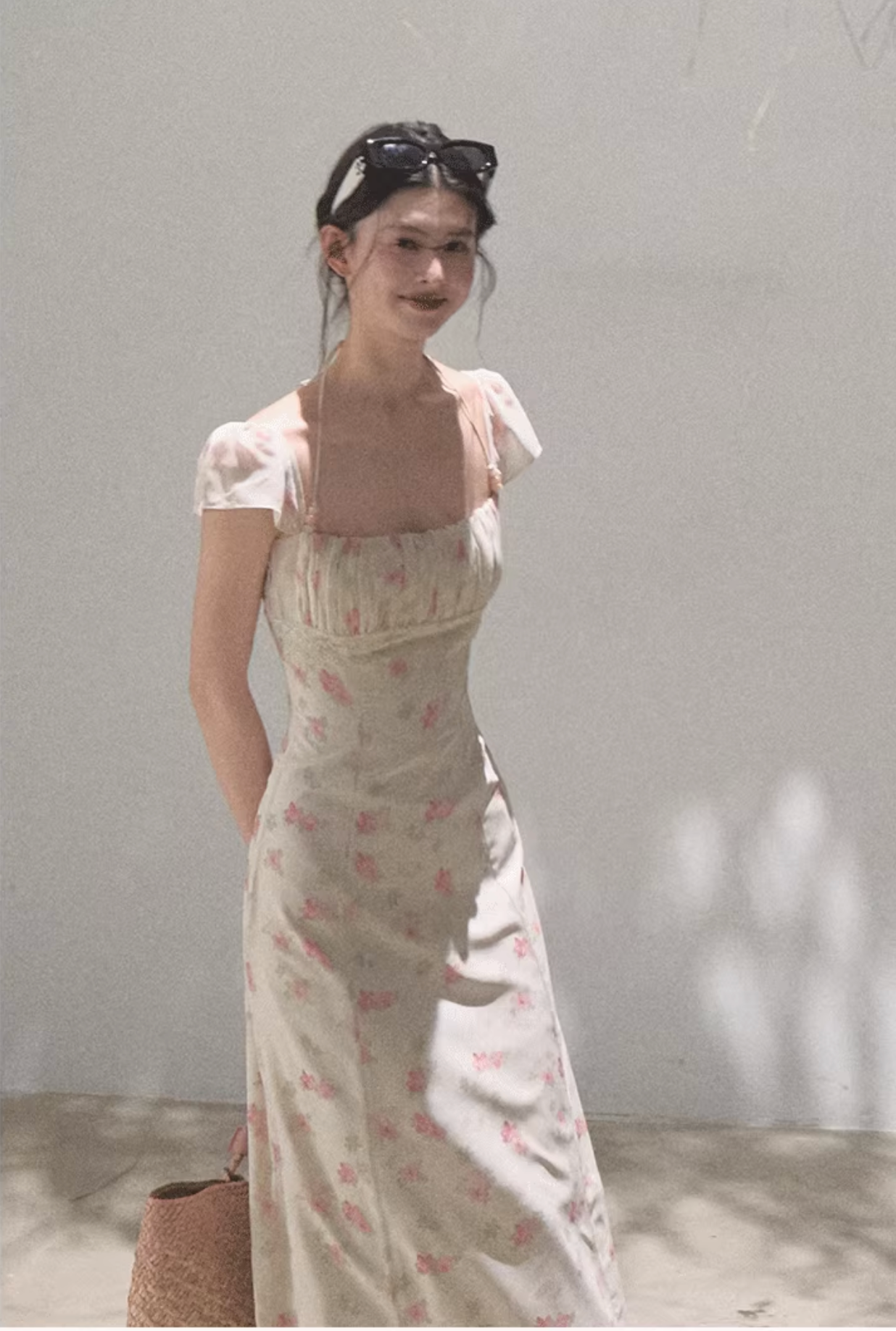 OAKMOO beaded halter-neck dress, fitted waist, unique floral print "My Own Moon"