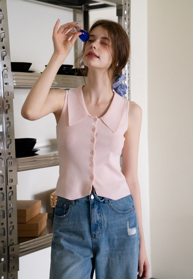 EGGKA Women's Summer Sleeveless Classic Lapel Cardigan Slim Fit Korean Elegant Temperament Slim Cardigan