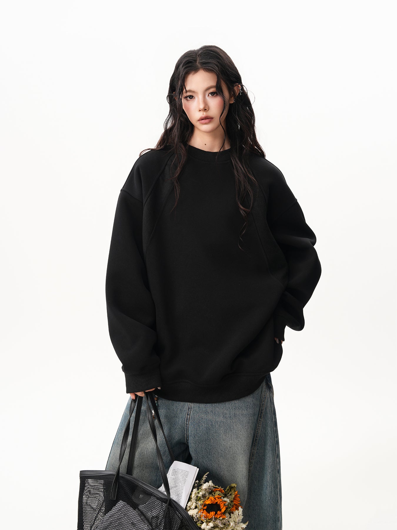 BWKA Thick cotton round neck sweatshirt, stitching for men and women, premium solid color t-shirt, loose fit, casual for couples