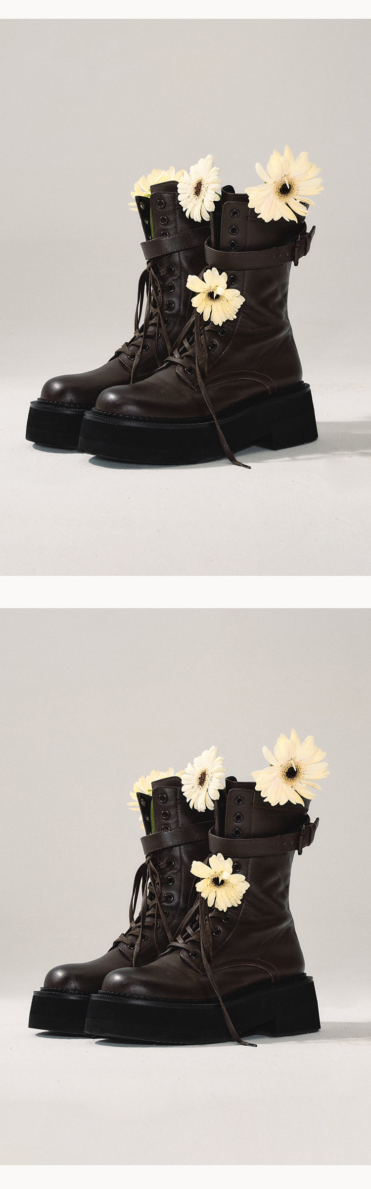 Brown cowhide high top boots with back buckle 6cm high