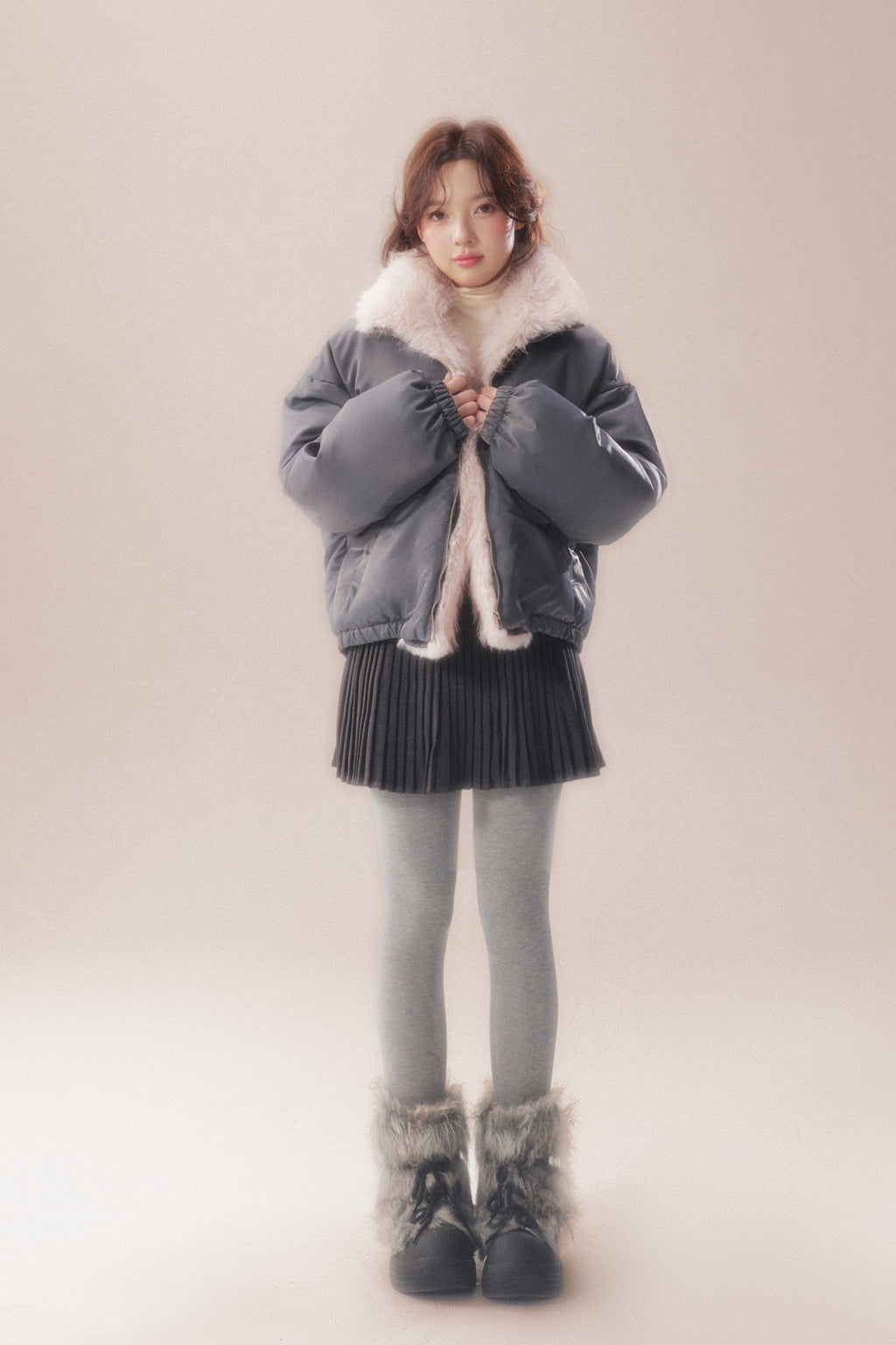 AOORAA 【Winter New Arrival】Original Design Patchwork Fleece Jacket "Cherry Blossom Snow"