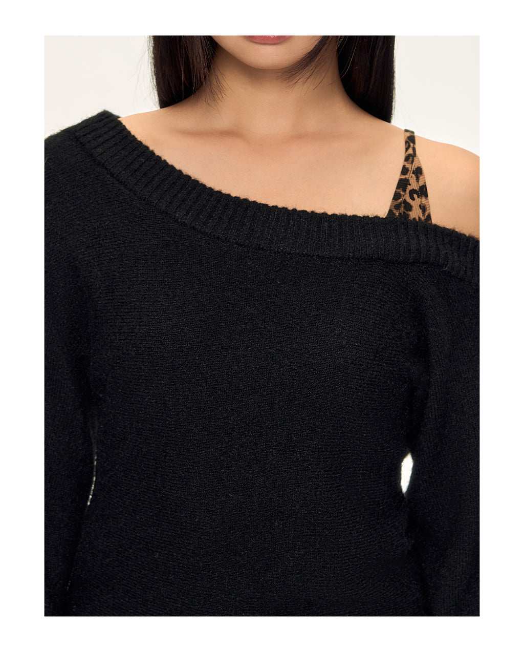 WEEKENDHUB レディース ワンショルダー ストラップレス 長袖 レオパード柄 ツーピース ニットセーター 柔らかく暖かい 秋