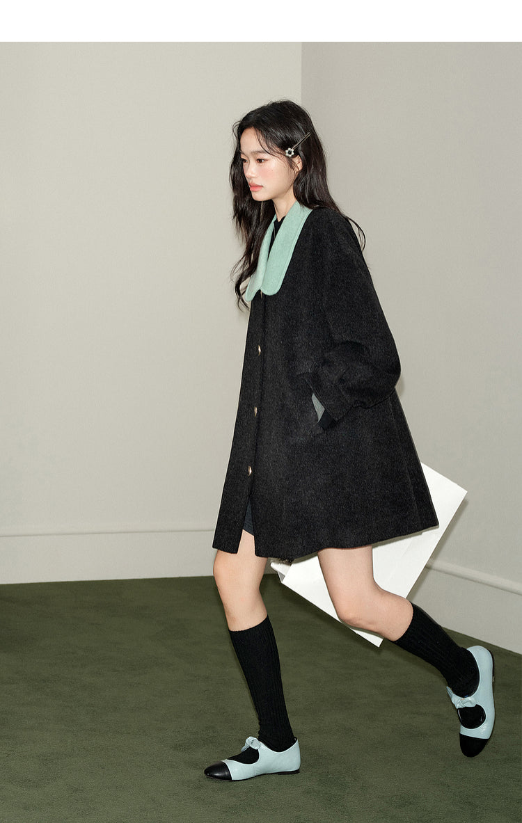 KOUSE Women's 2025 New Autumn Winter Classic Medium-Long Woolen Coat Black and Gray