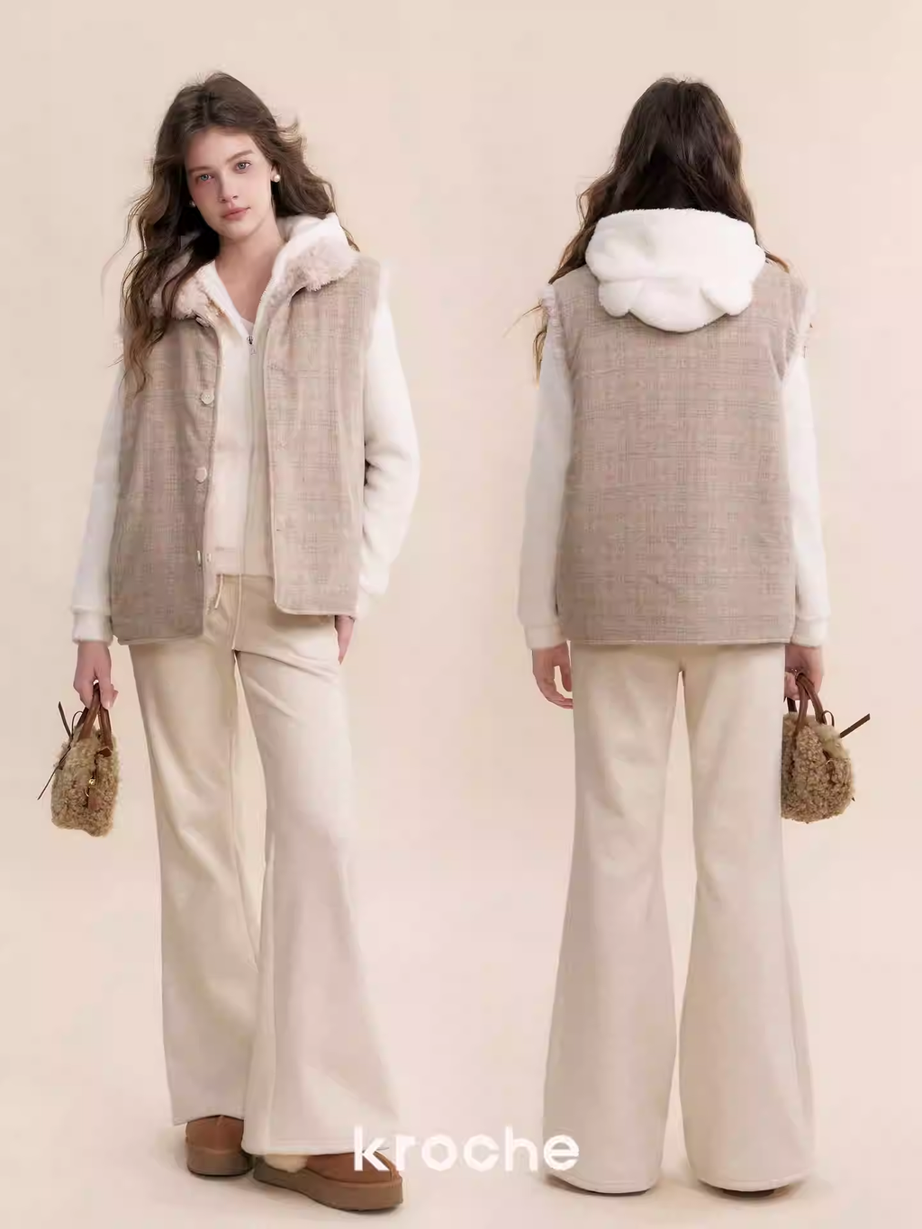 KROCHE Comfortable, wide-leg fleece pants, cashmere blend, ribbed, loose style.