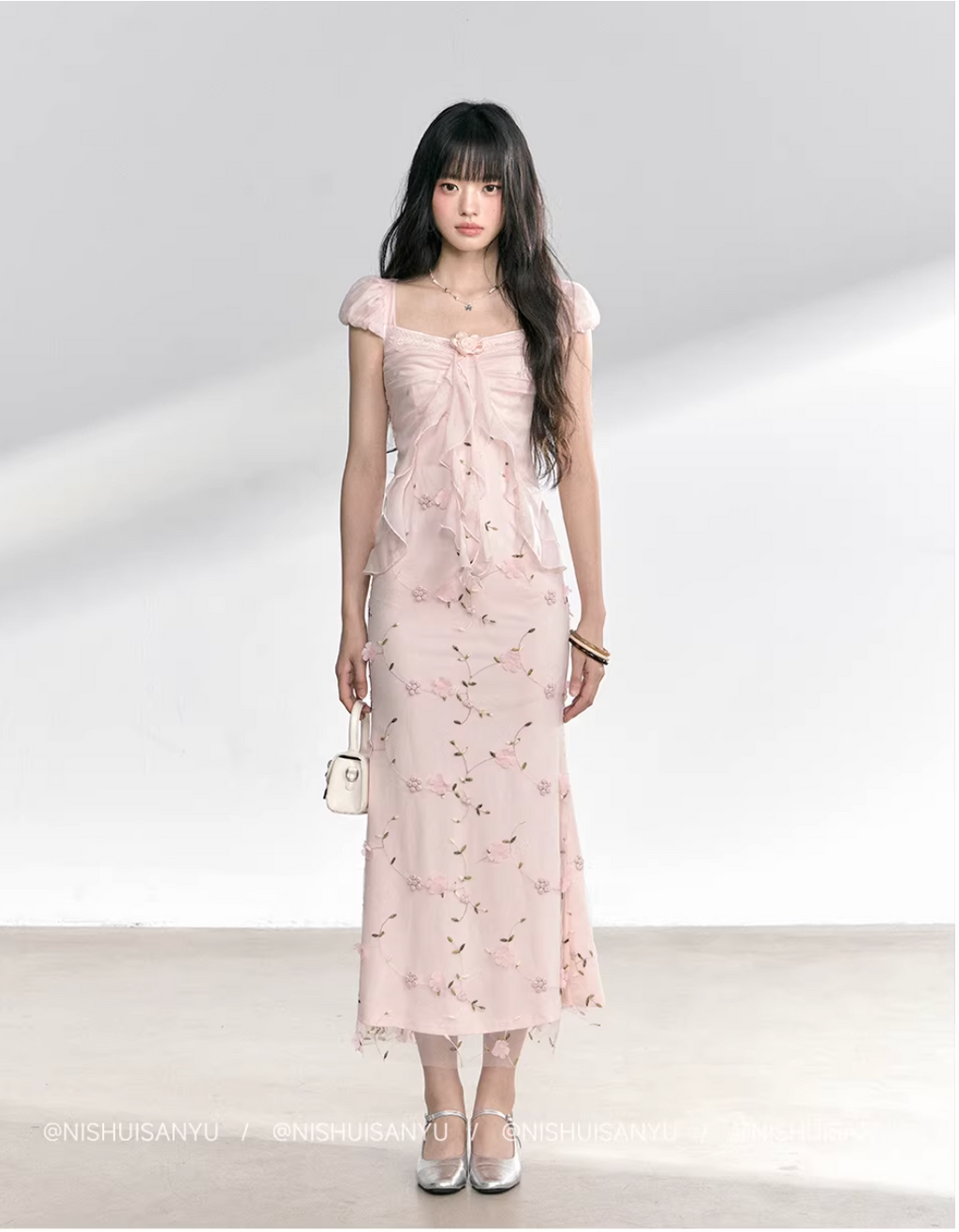 NSSY NSSY two-piece long dress with three drowned fish pattern, green, chiffon material, 3D floral pattern