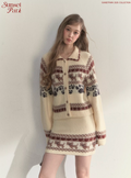SUNSETPARK "Fair Isle Dog" retro dark gray knitted cardigan and skirt by SunsetPark, suitable for spring.