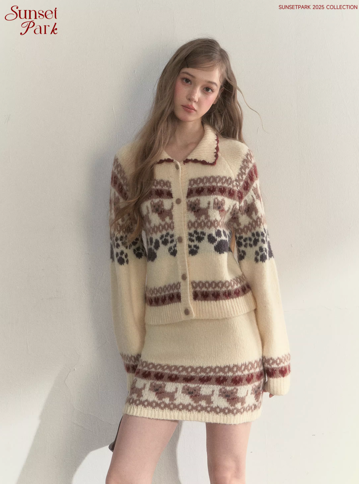 SUNSETPARK "Fair Isle Dog" retro dark gray knitted cardigan and skirt by SunsetPark, suitable for spring.