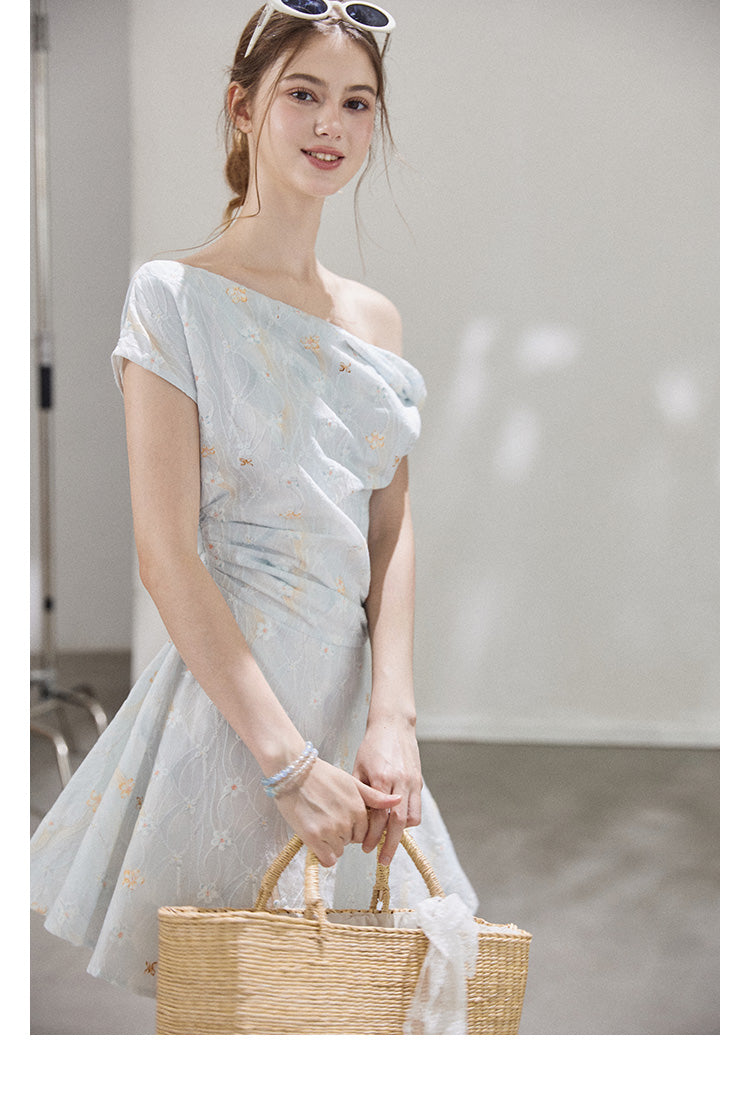 "Star Mist Hazy" Off-shoulder pleated floral print mini dress for women, summer Callmelater