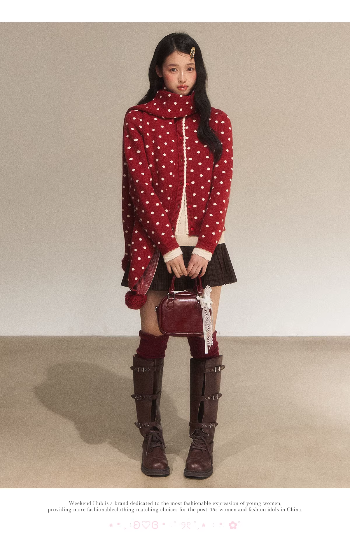 WEEKENDHUB Women's Weekendhub color-matched polka dot knitted cardigan, 2025 new retro model, red lace knitted top