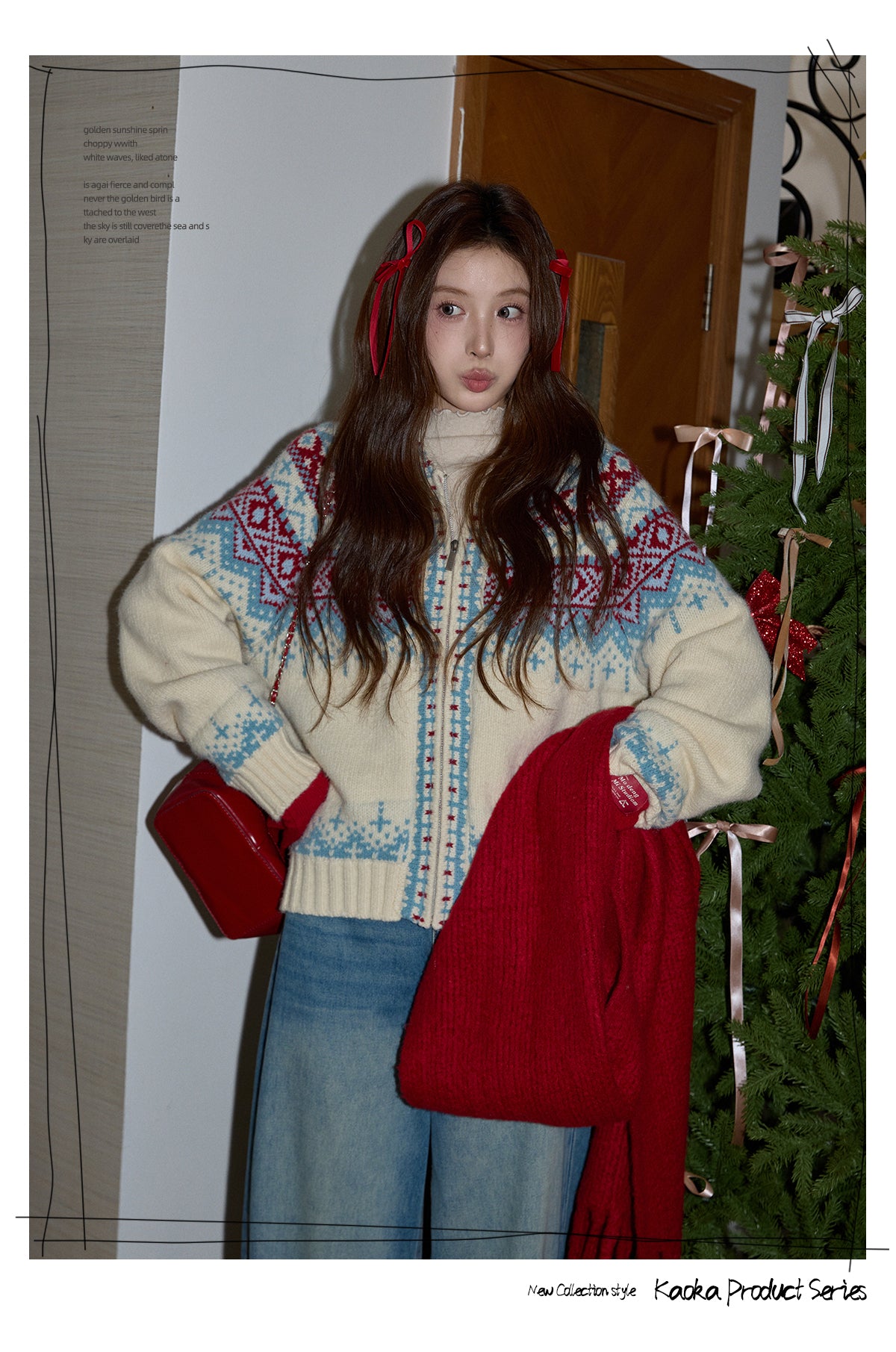 KAOKA Chaochao Fair Isle Beige Christmas Hooded Sweater Women's Long Sleeve Thick Sweater