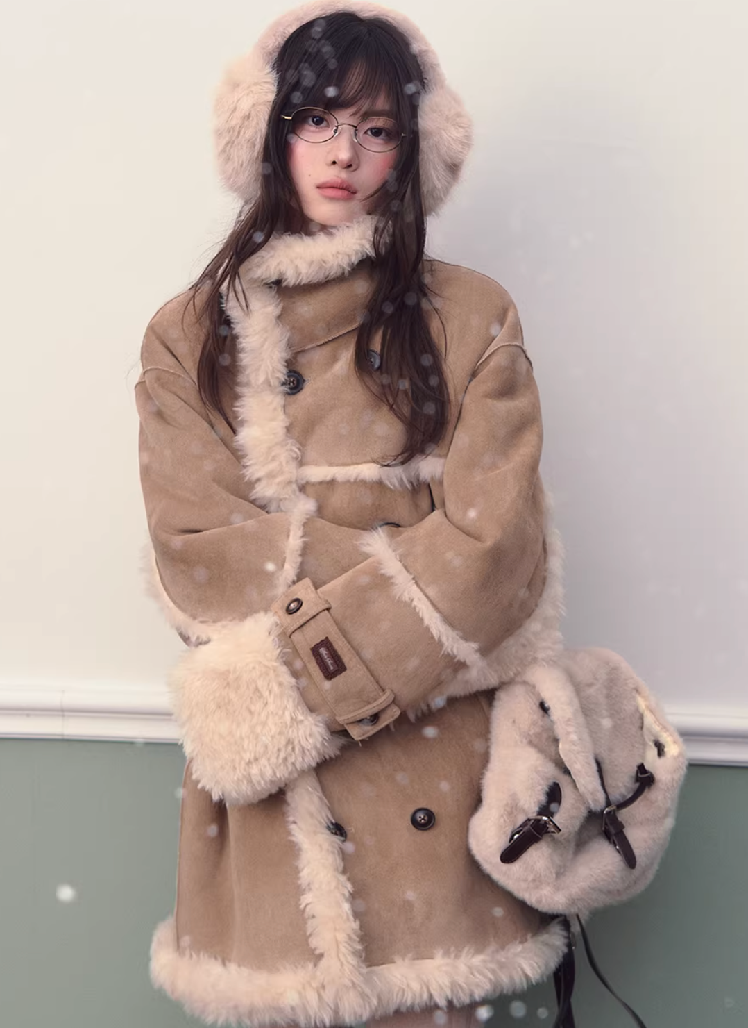 SOOTESEASON Soote Season's original Korean-style loose suede collar fleece jacket, knee-length.