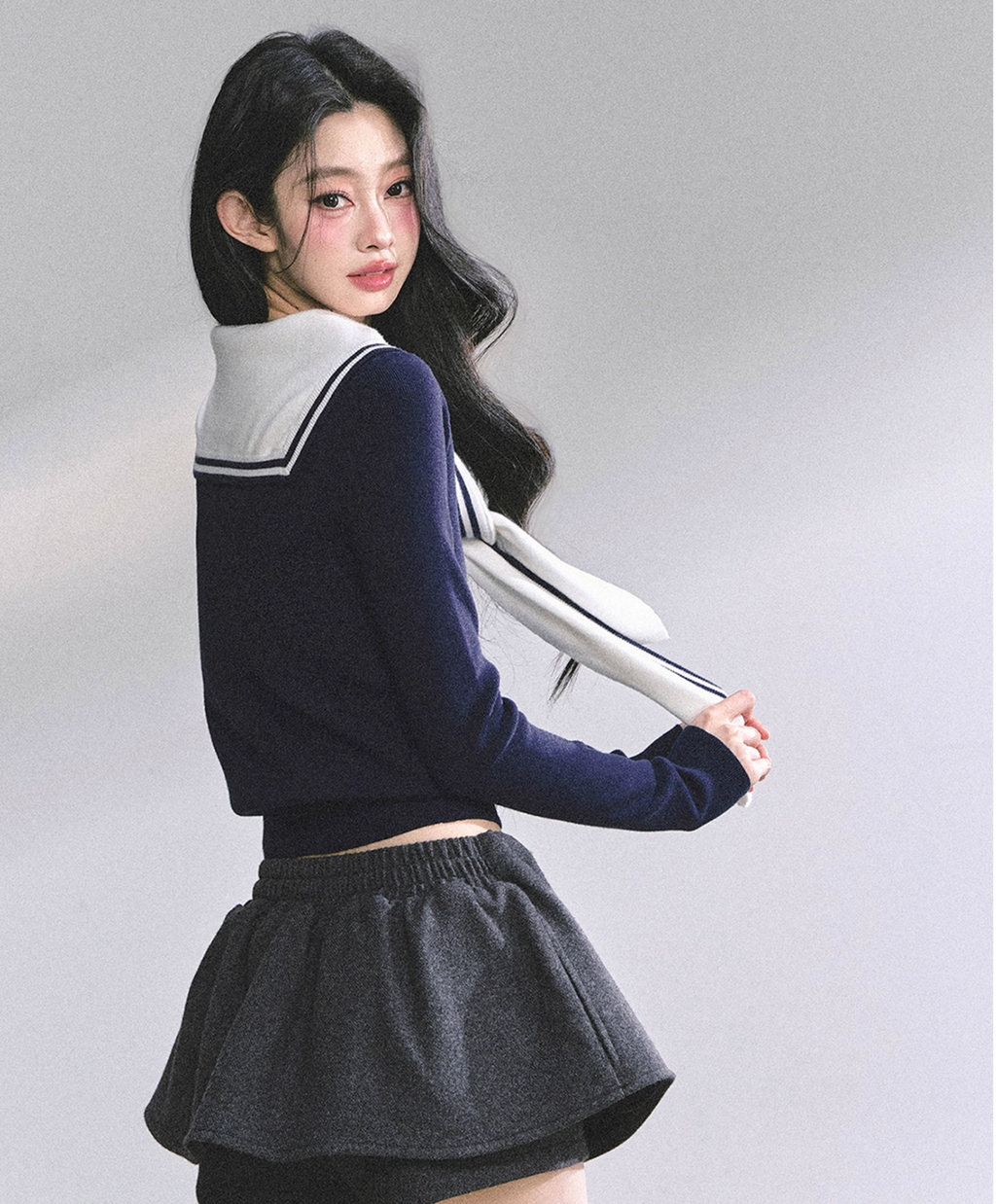 AOMALM Women's American Style "Girl Navigator" Navy Blue Long Sleeve Round Neck T-Shirt for Women Fall Pink