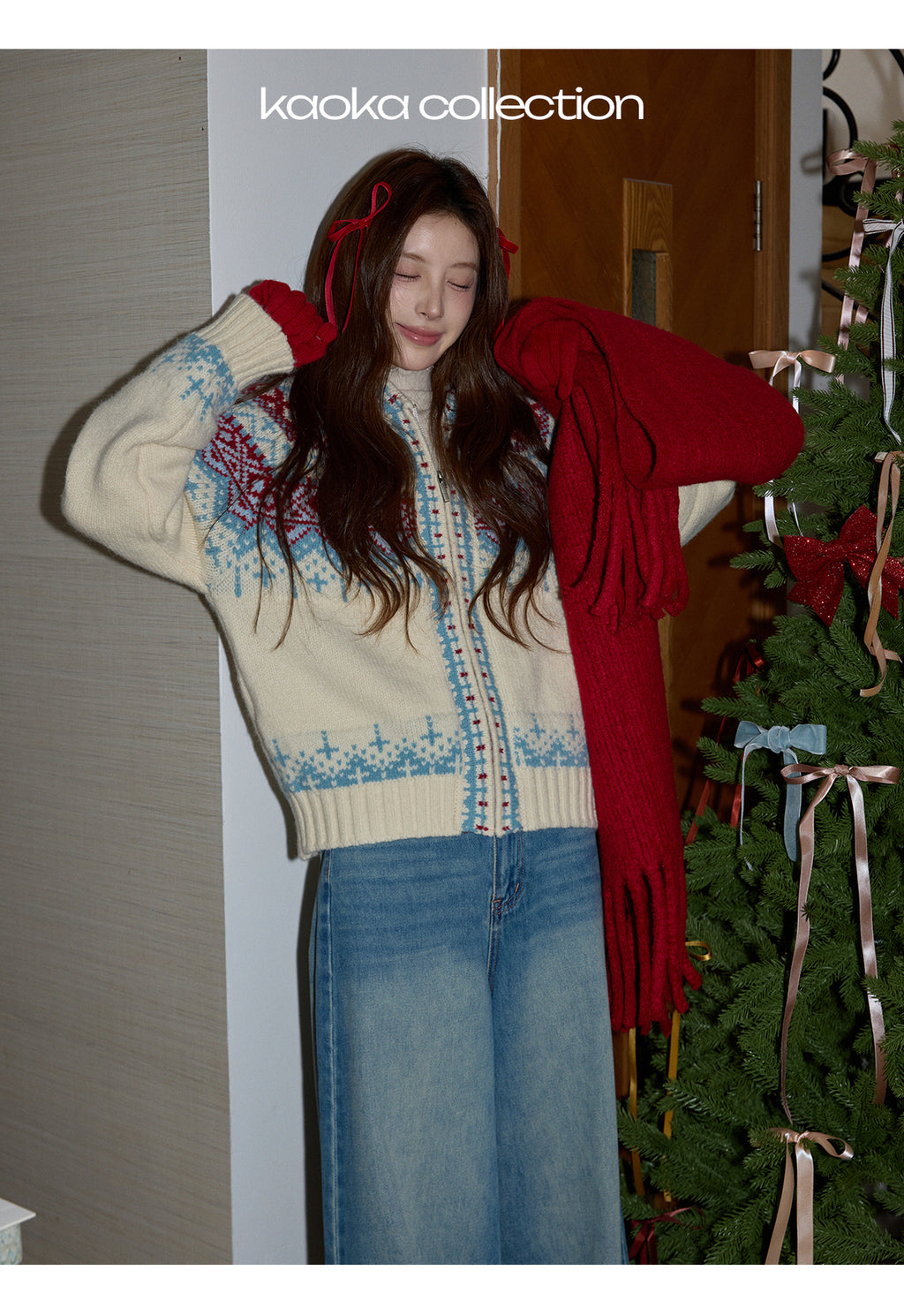 KAOKA Chaochao Fair Isle Beige Christmas Hooded Sweater Women's Long Sleeve Thick Sweater