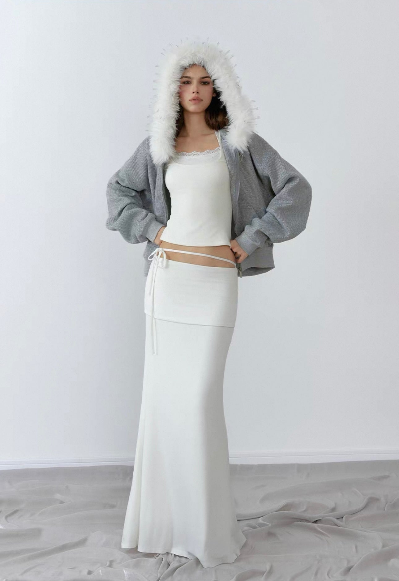 Grey fleece jacket with hood and fur collar