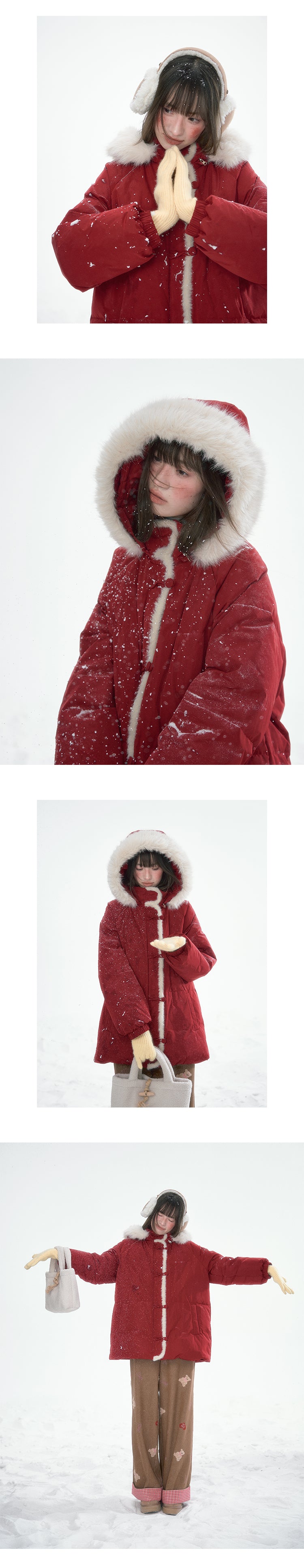 CANSTOREGIRLS New Winter Box Shop Christmas Women's Red Fur Collar Hooded Warm Coat 90% White Duck Down Coat