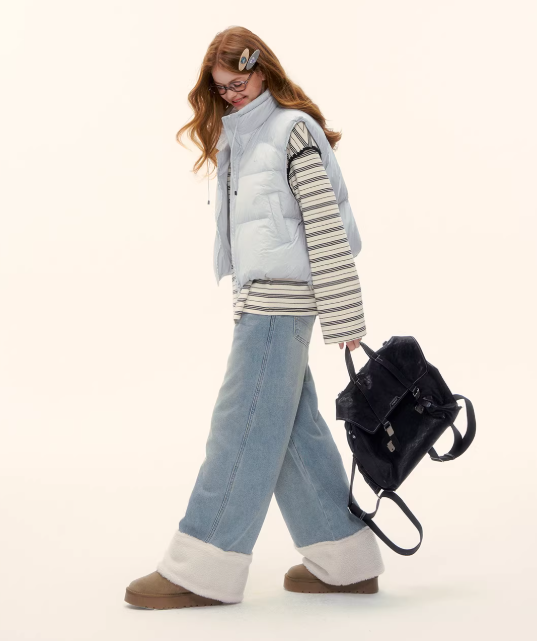 AsGony wide-leg straight jeans with fleece lining at the hem - Wide fit, flattering, comfortable, versatile, fleece-lined long pants.