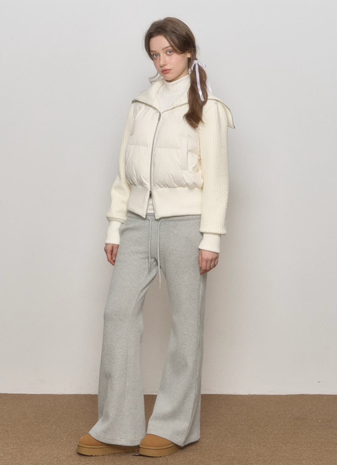 QDQD White minimalist short down jacket with wool blend sleeves