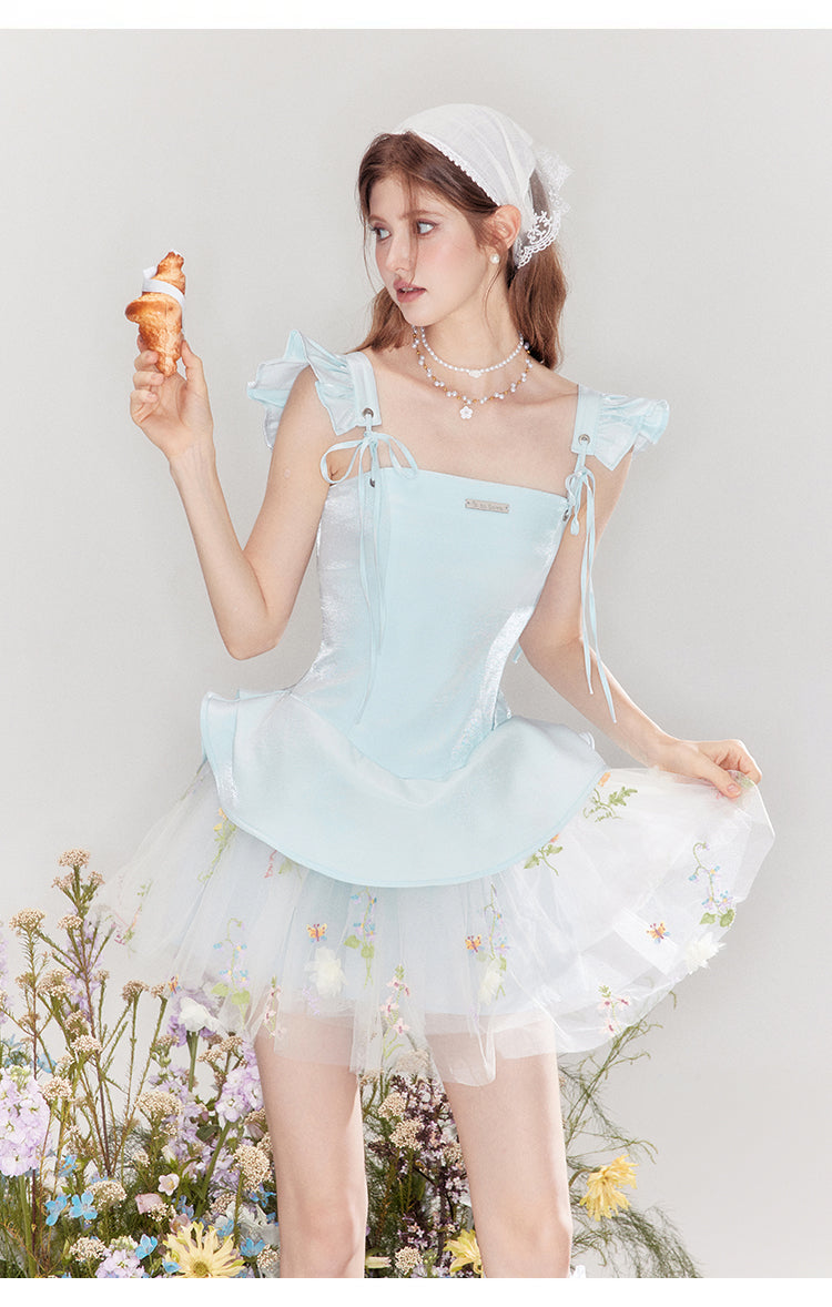 "Love & Reverie" Flowy satin ballgown with puff sleeves and a fitted waist.