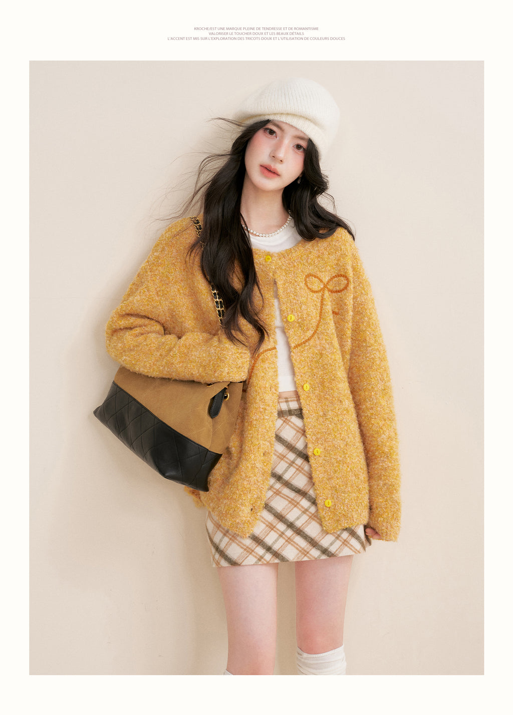 KROCHE Sunset Fluffy 25aw Thick Floral Bow Embroidered Cardigan