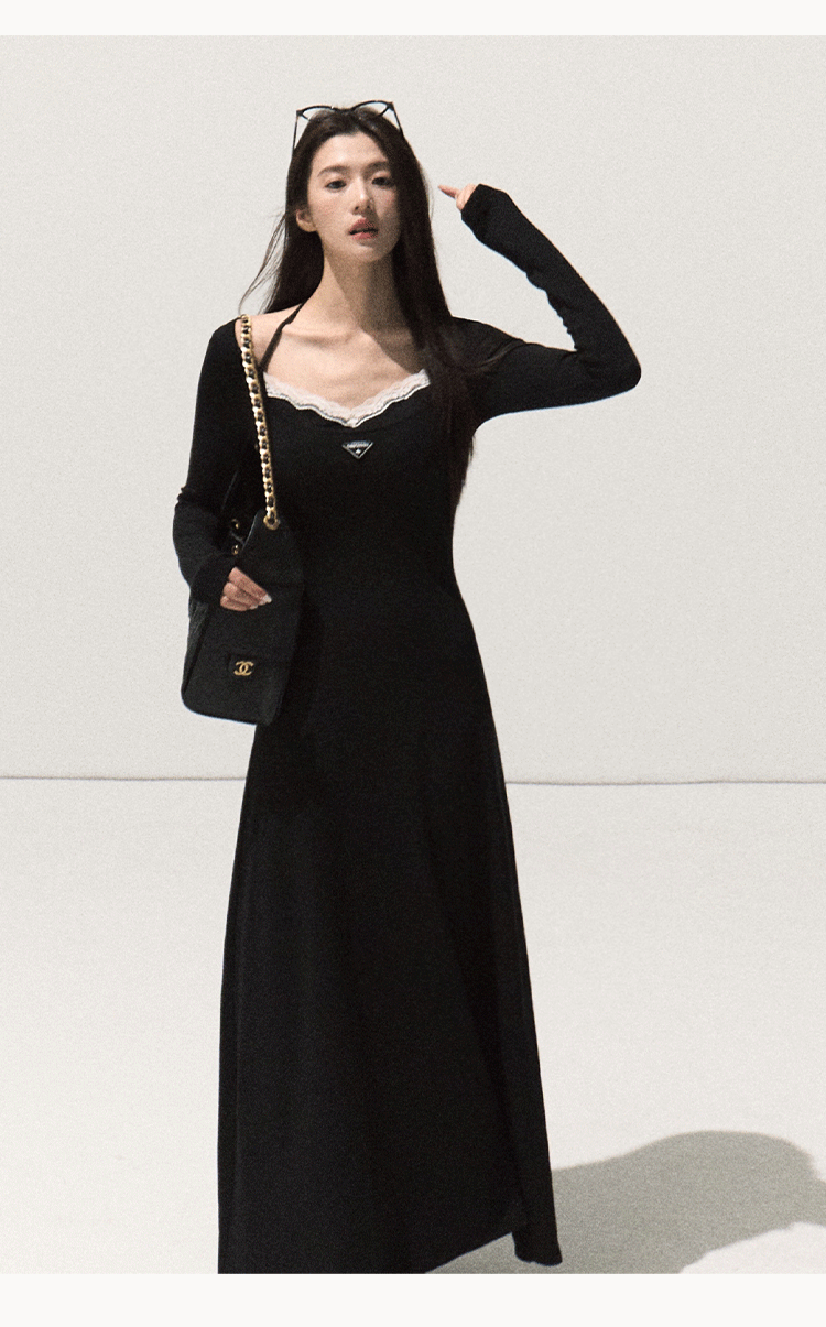 OAKMOO Black Two-piece Long Sleeve Faux Lace Halter Neck Waist Tie Dress, Autumn/Winter Long Dress with Waist Tie