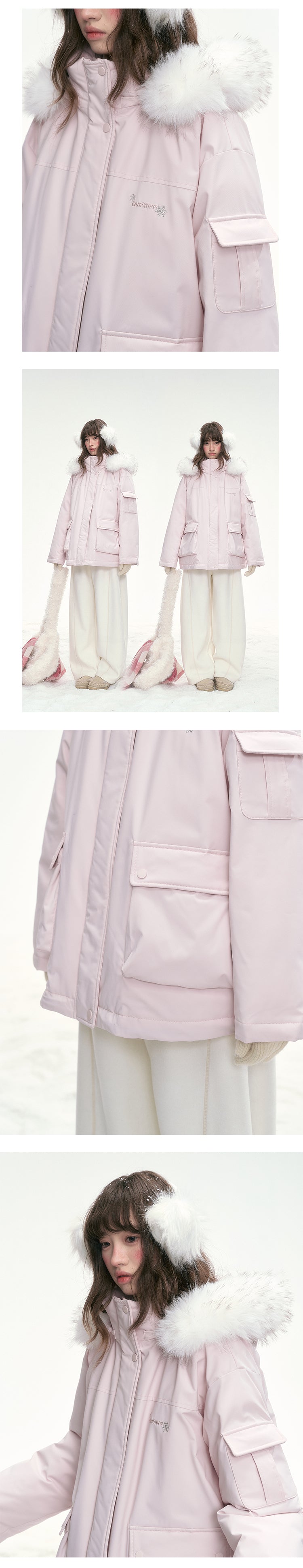 CANSTOREGIRLS Canned Goods Store 'Winter Love Song' Hooded Parka with Detachable Fur Collar, 90pcs White Duck Down Jacket