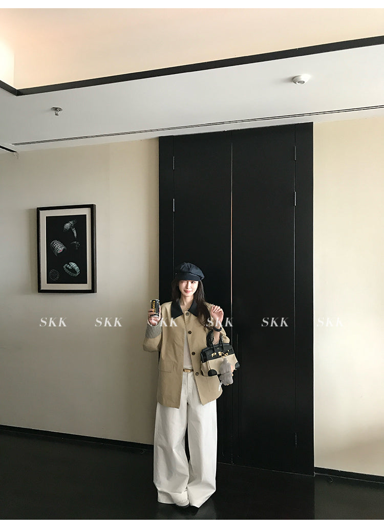 SKK High quality khaki jacket with multi-color plaid pattern, short and loose fit, autumn style for women.