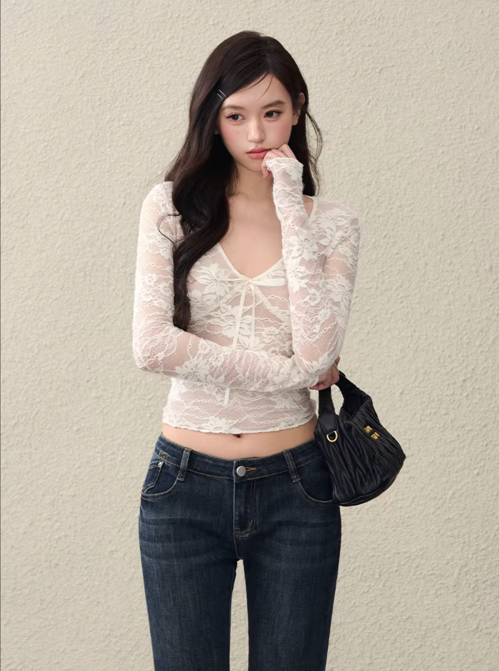 OIOIESSE Women's sexy and innocent lace tie top, stretchy white mesh material, inner lining