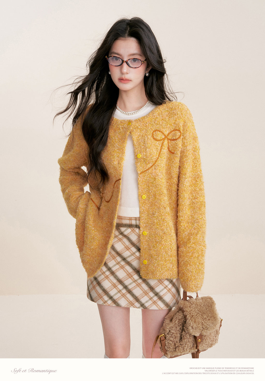 KROCHE Sunset Fluffy 25aw Thick Floral Bow Embroidered Cardigan