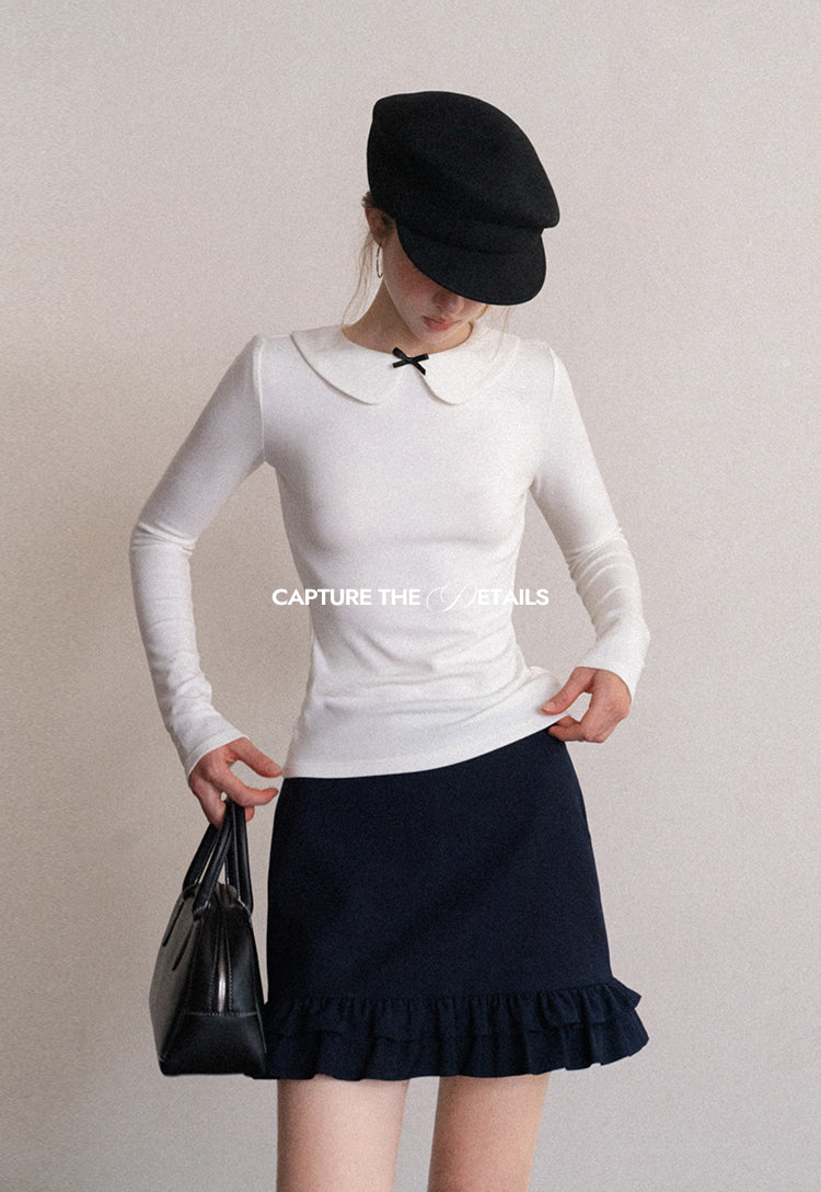 Women's white long-sleeved t-shirt with doll bow collar, autumn and winter, slim fit EGGKA