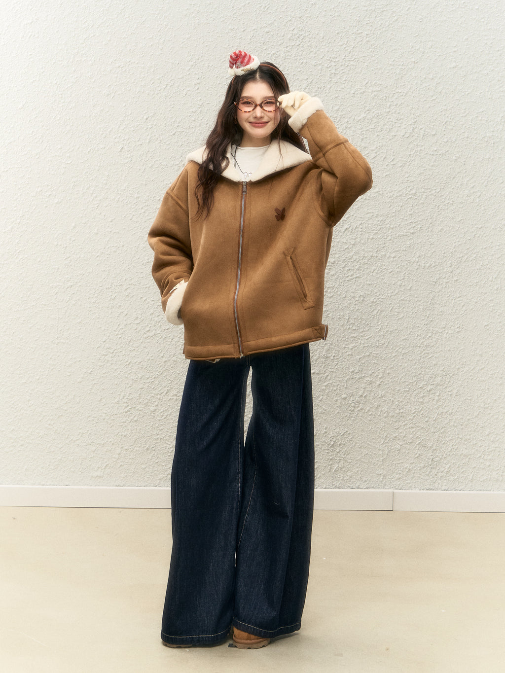 Women's winter warm thick fur coat, warm fur collar, top designed with suede ELEVEN SLEEP